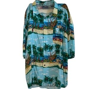 Vintage Imperial Men's Hawaiian Rayon Blue Button‎ Down Shirt 2XL